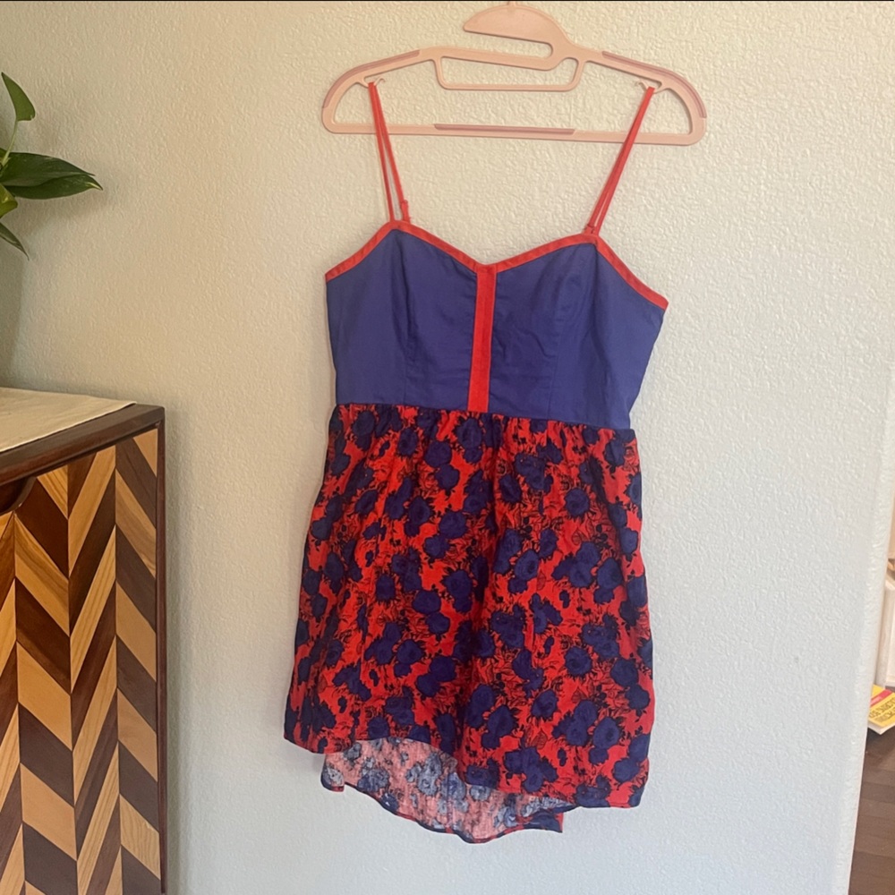 Cope Purple and Red Floral Rose Spaghetti strap Dress linen cotton